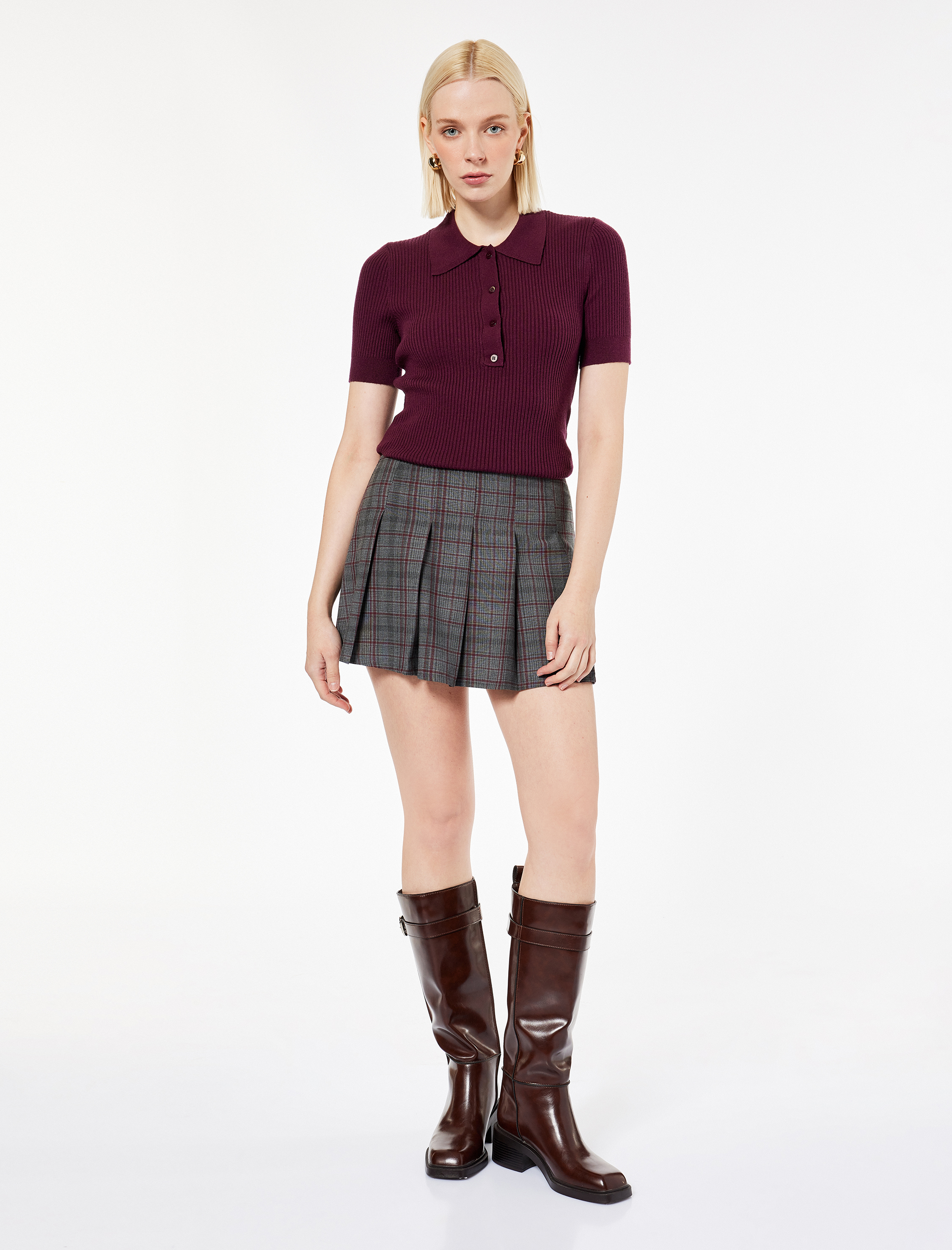   Yarım Düğmeli Kısa Kollu Polo Yaka Triko Kazak