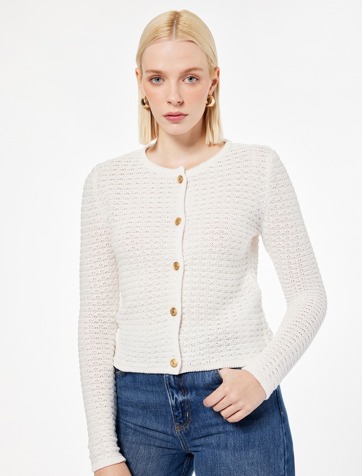  Uzun Kollu Bisiklet Yaka Düğmeli Triko Hırka