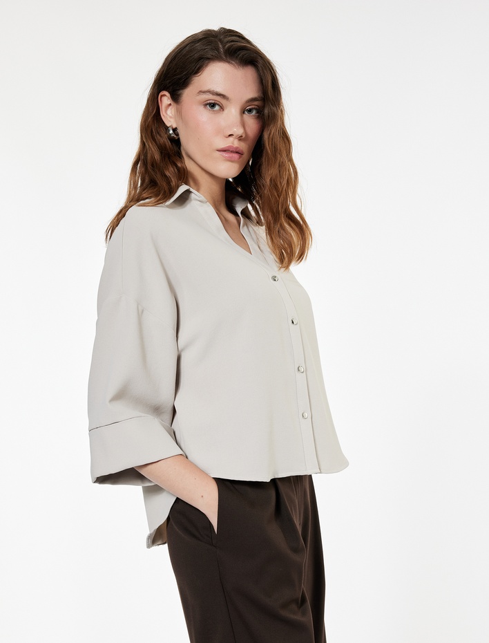  Krep Kumaş 3/4 Kollu Oversize Gömlek