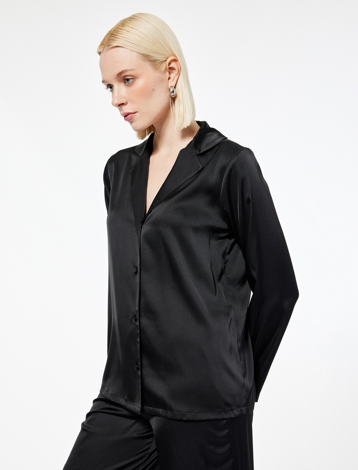  Düğmeli Uzun Kollu Gömlek Yaka Pijama Üstü