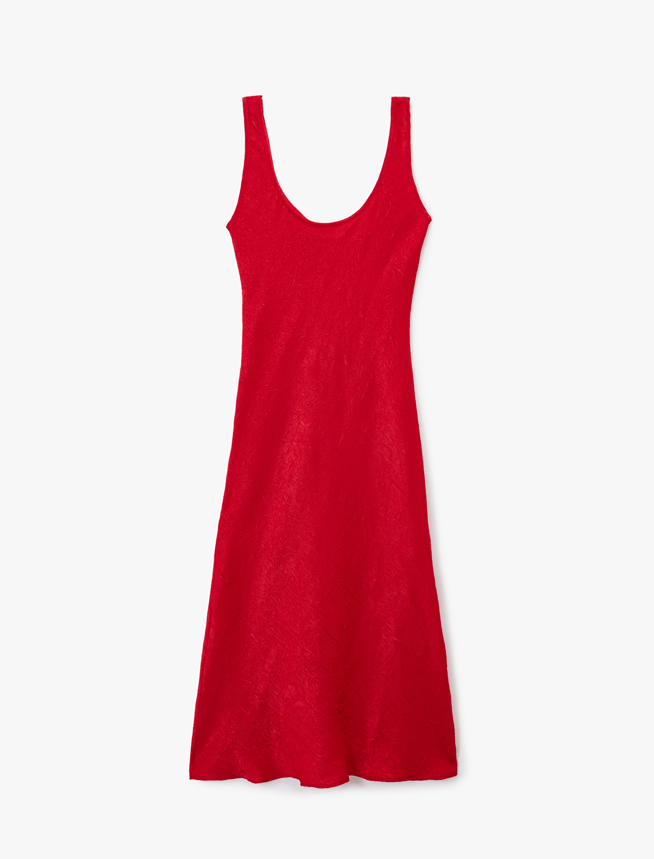   Slim Fit Kolsuz U Yaka Kalın Askılı Uzun Saten Elbise