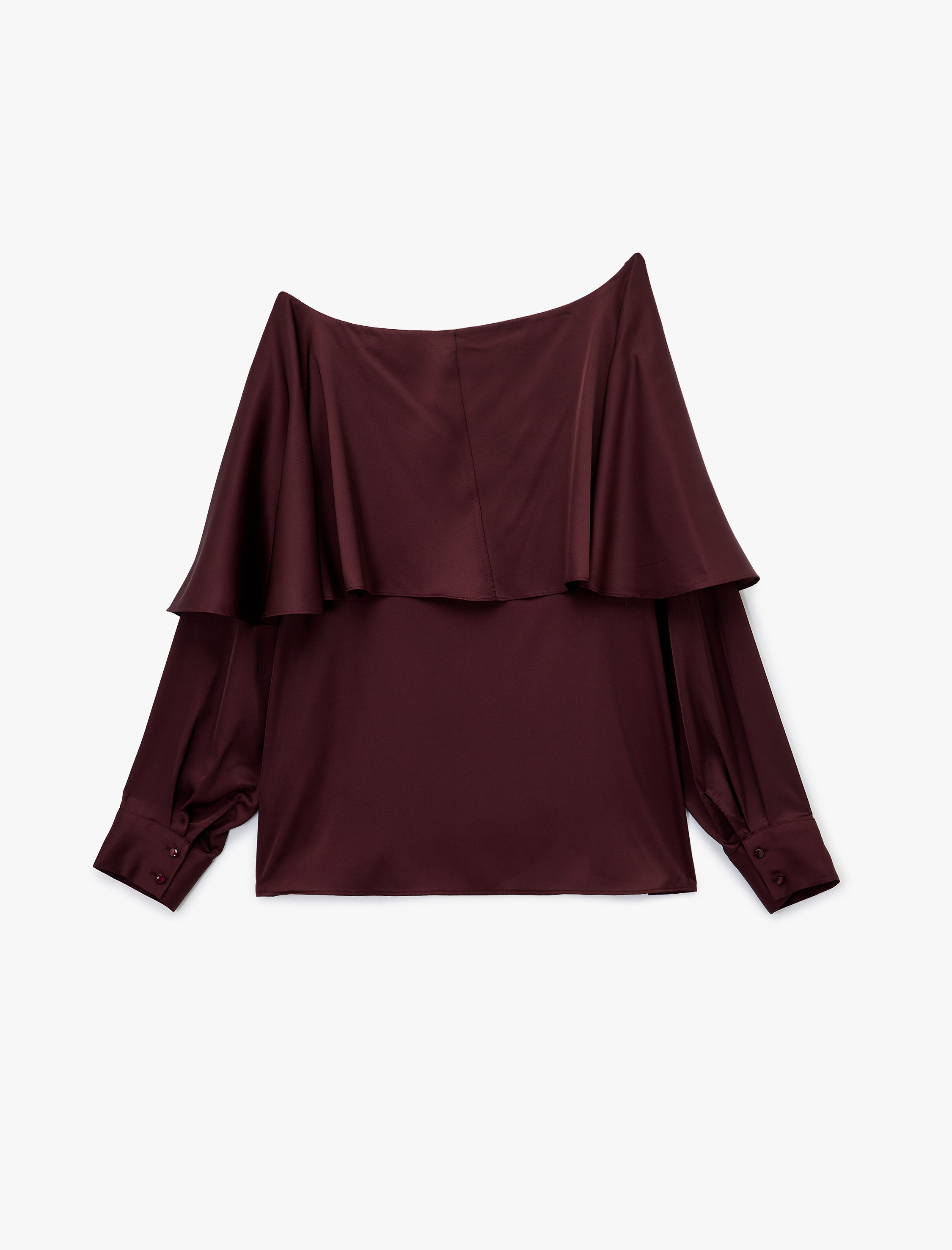   Uzun Kollu Kayık Yaka Asimetrik Kesim Saten Bluz