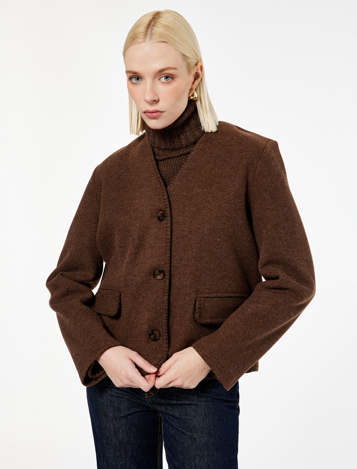  Çoban Dikişi Detaylı Düğmeli Uzun Kollu Cepli Kaşe Ceket