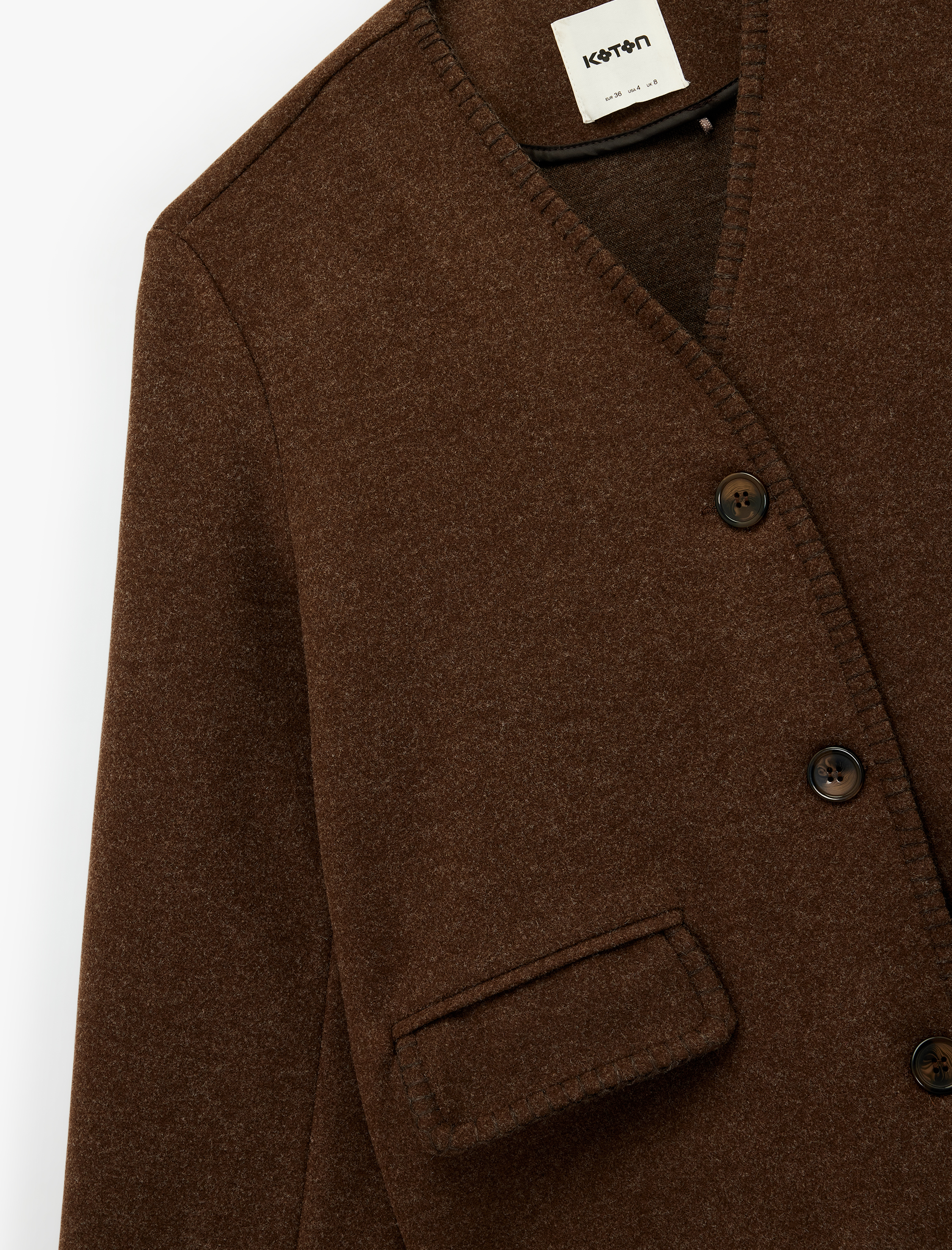   Çoban Dikişi Detaylı Düğmeli Uzun Kollu Cepli Kaşe Ceket