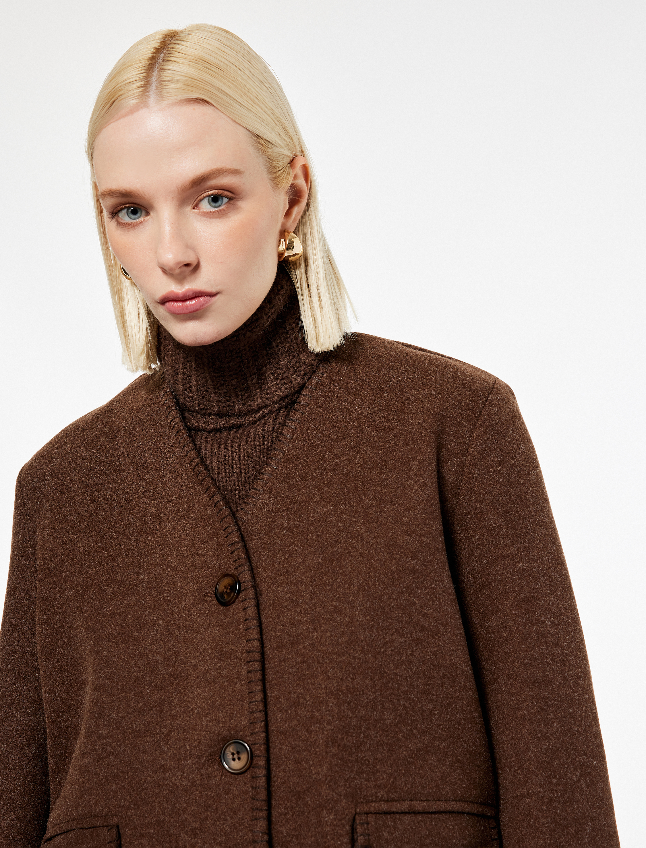   Çoban Dikişi Detaylı Düğmeli Uzun Kollu Cepli Kaşe Ceket