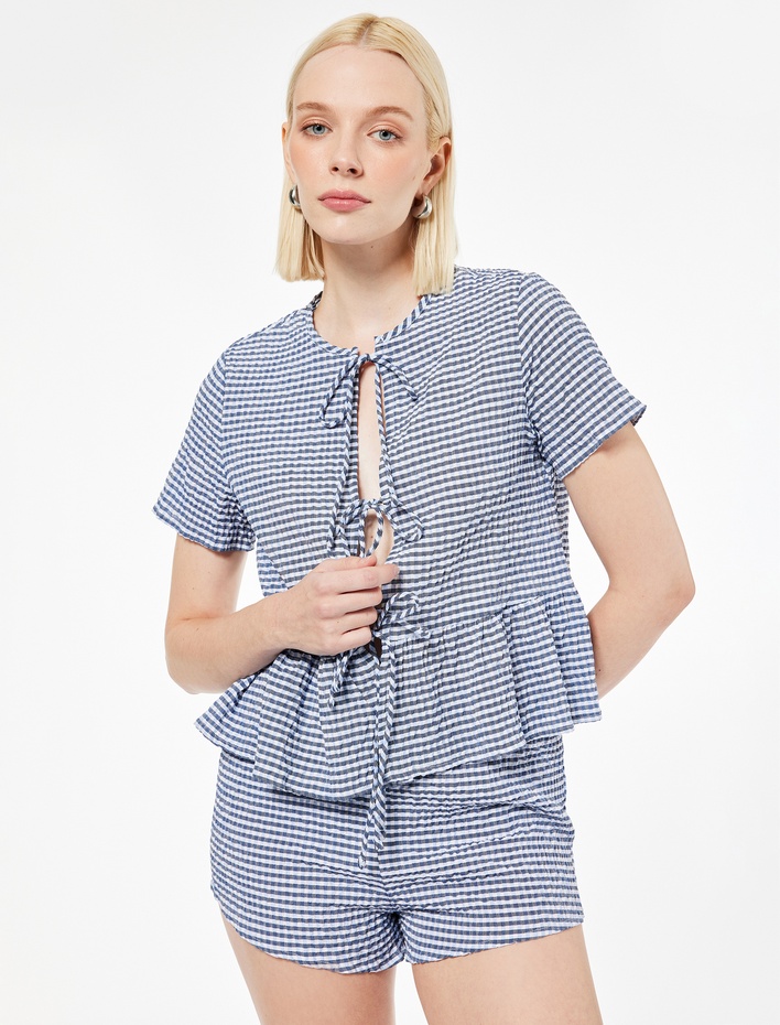  Bağlama Detaylı Rahat Kalıp Kısa Kollu Pijama Üstü