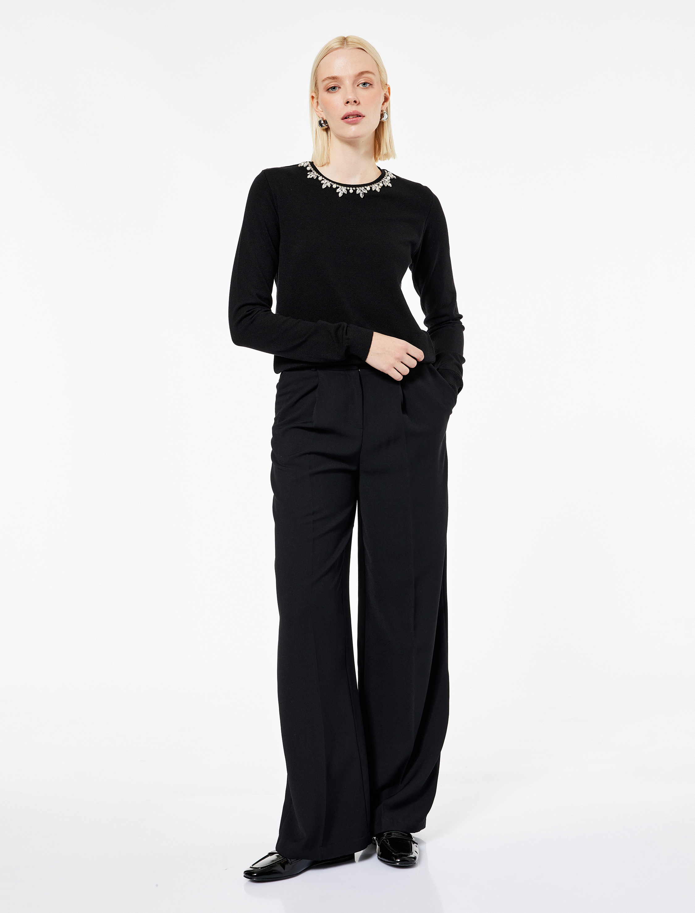   Uzun Kollu Bisiklet Yaka Taşlı Triko Kazak