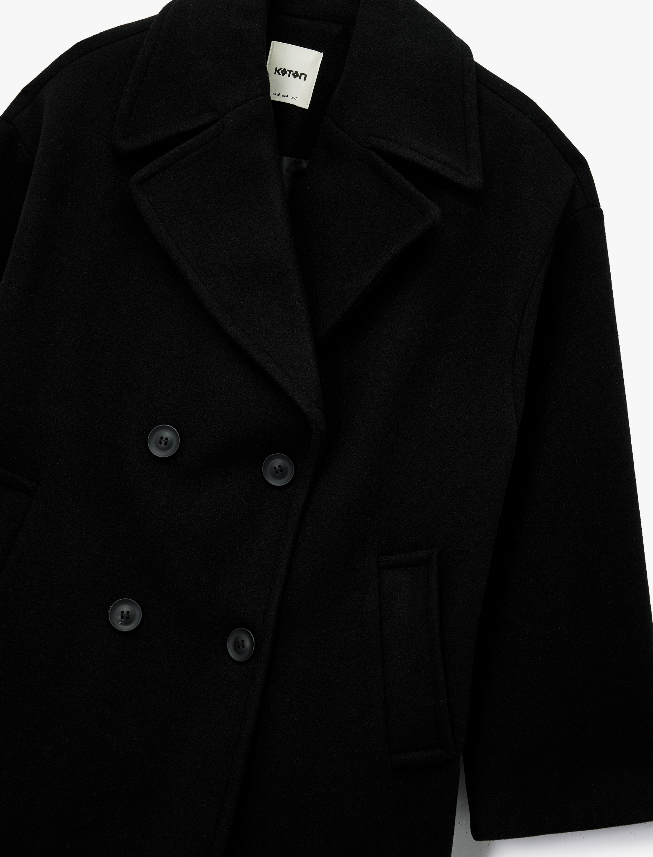   Cepli Uzun Kollu Düğmeli Kruvaze Uzun Kaşe Kaban