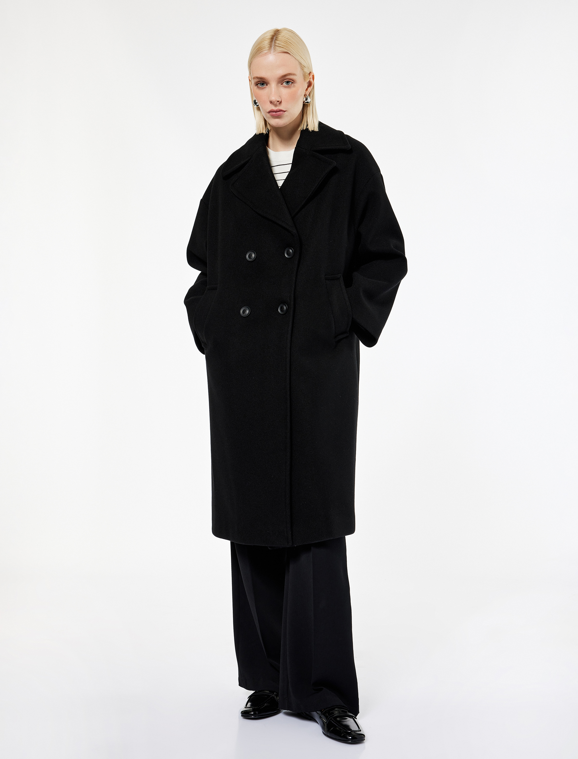   Cepli Uzun Kollu Düğmeli Kruvaze Uzun Kaşe Kaban