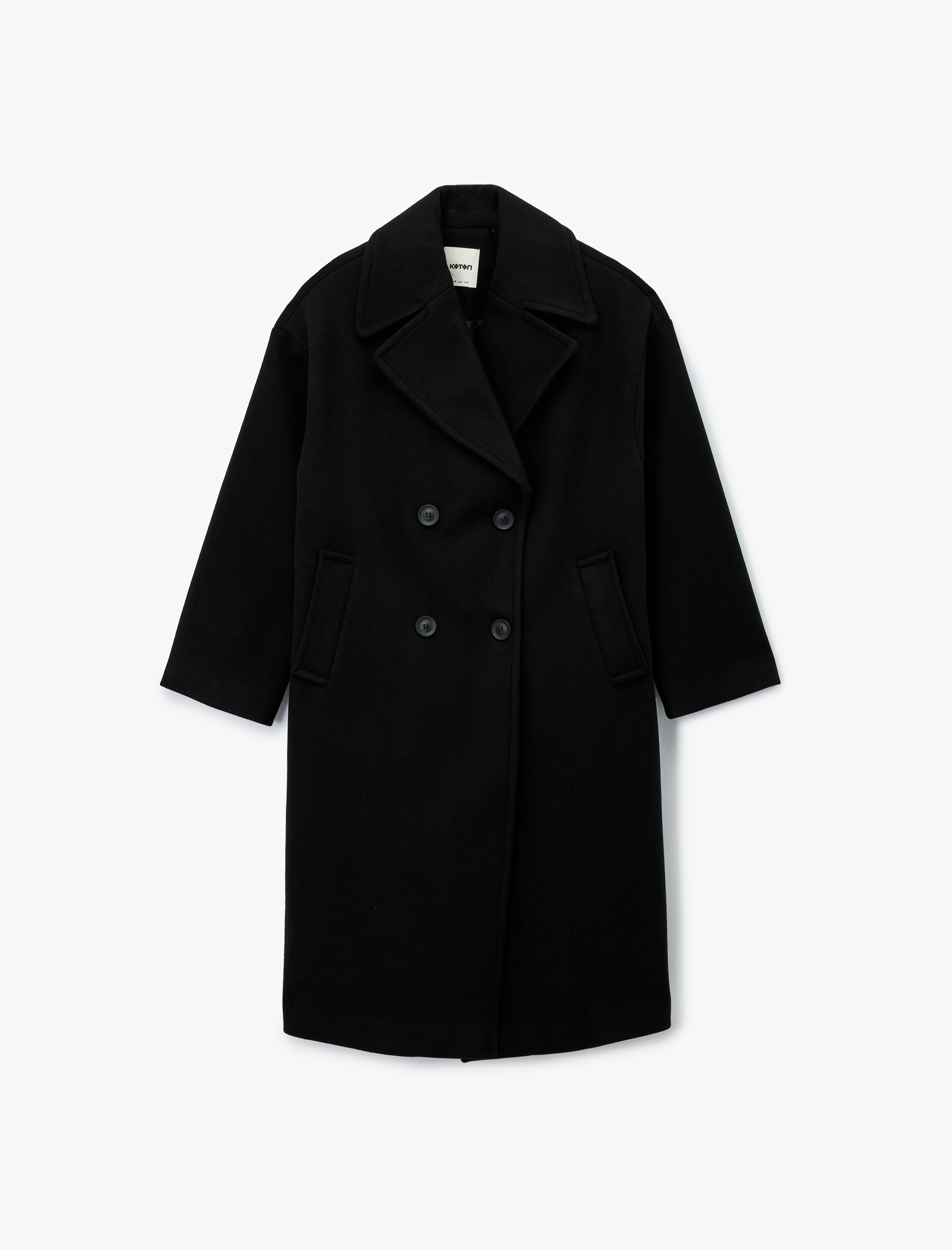   Cepli Uzun Kollu Düğmeli Kruvaze Uzun Kaşe Kaban