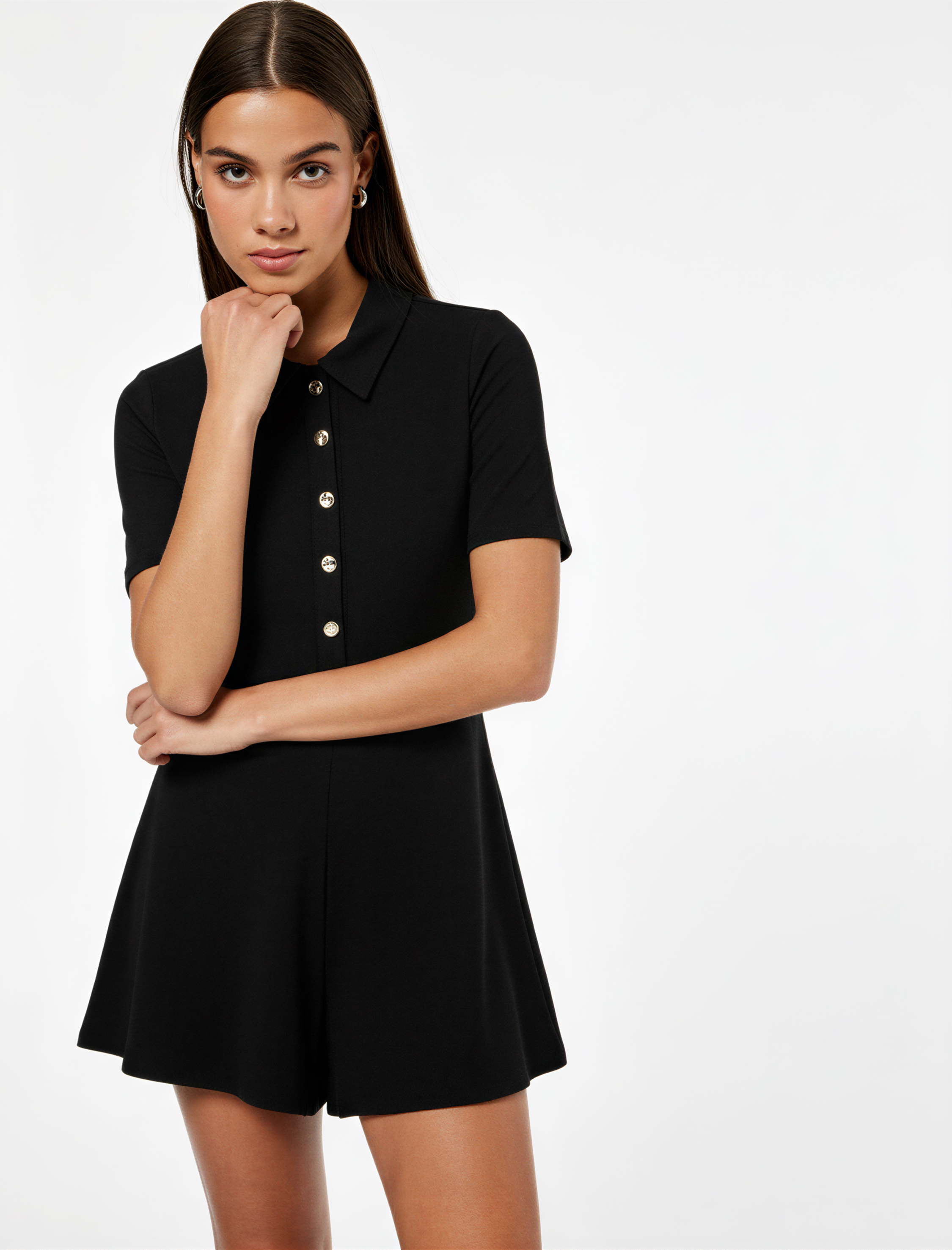   Slim Fit Kısa Kollu Yarım Düğme Detaylı Polo Yaka Mini Şort Tulum