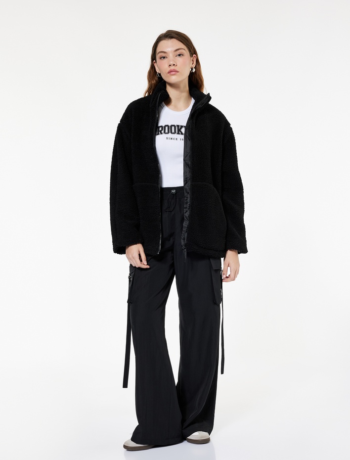  Uzun Kollu Cepli Fermuarlı Dik Yaka Oversize Peluş Mont