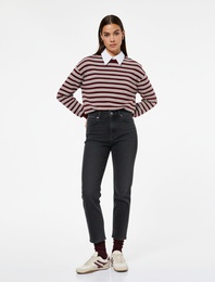 Düğmeli Cep Detaylı Pamuklu Slim Fit Mom Jean Pantolon - Mom Slim Jean