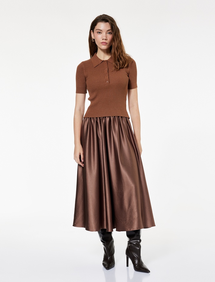  Bol Kalıp Beli Lastikli Midi Kloş Saten Etek