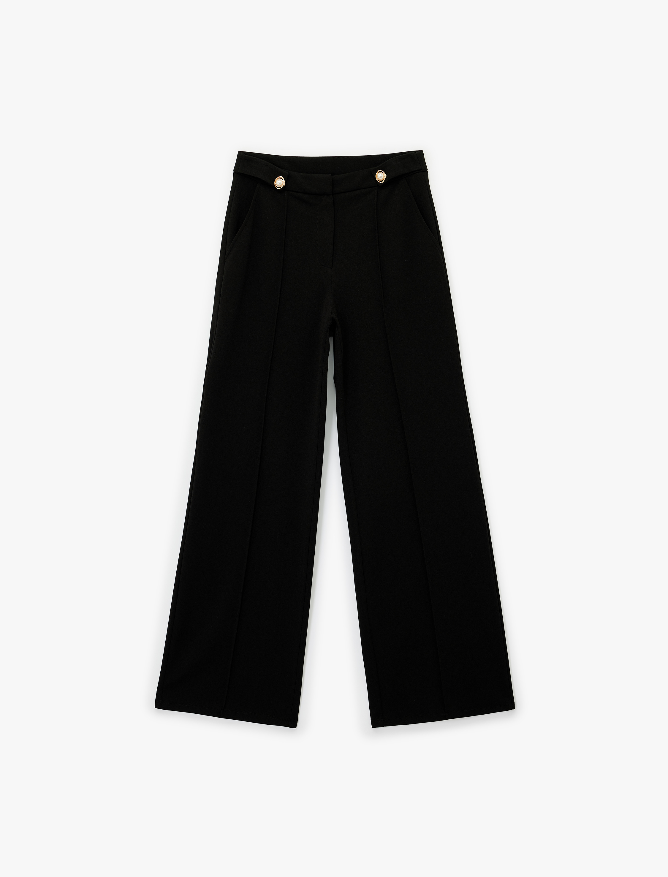   Düğme Detaylı Cepli Düz Bol Paça Kumaş Pantolon