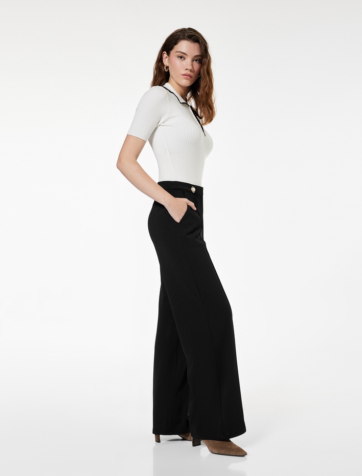  Düğme Detaylı Cepli Düz Bol Paça Kumaş Pantolon