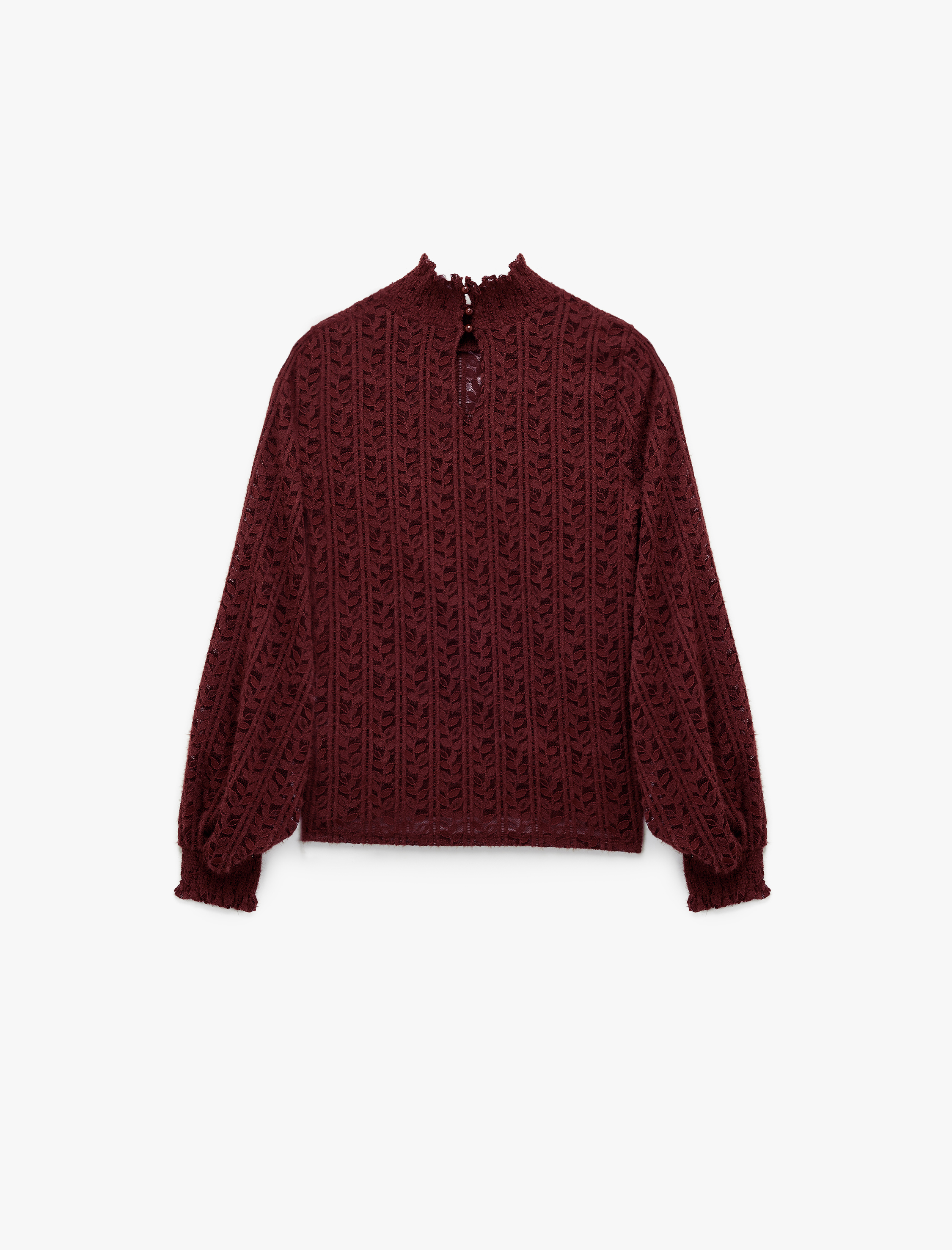   Uzun Balon Kollu Fırfırlı Dik Yaka Dantelli Bluz