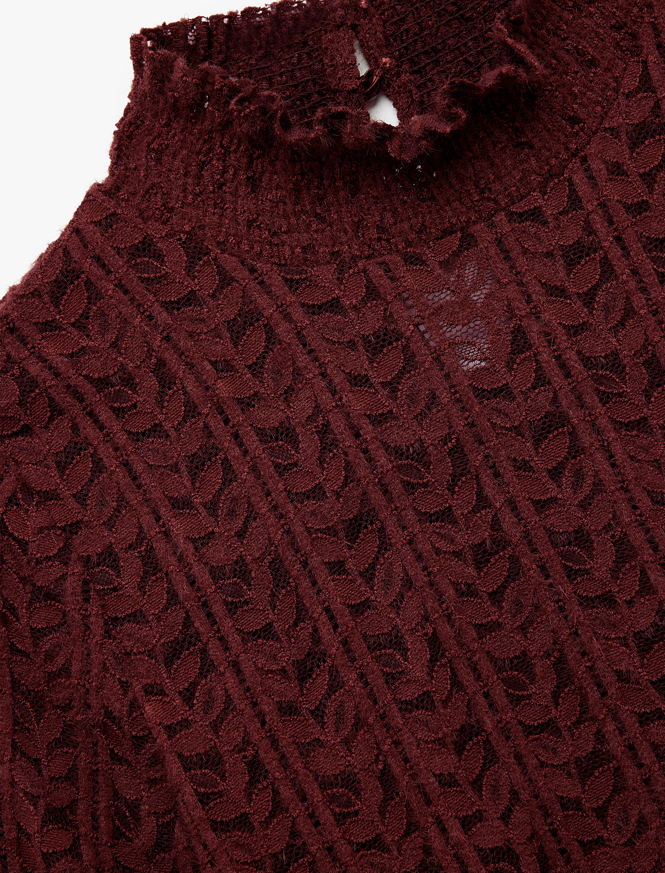   Uzun Balon Kollu Fırfırlı Dik Yaka Dantelli Bluz