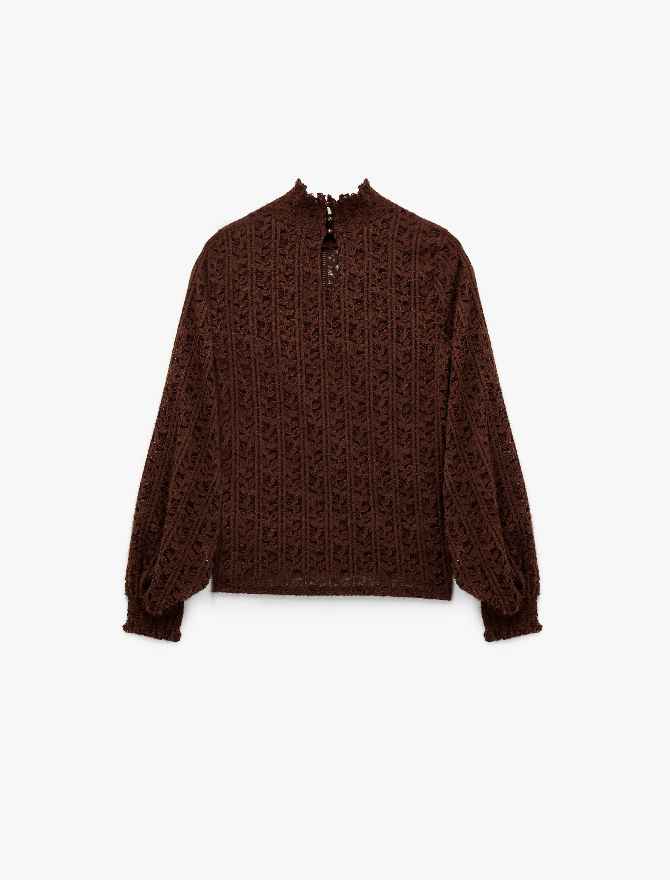   Uzun Balon Kollu Fırfırlı Dik Yaka Dantelli Bluz