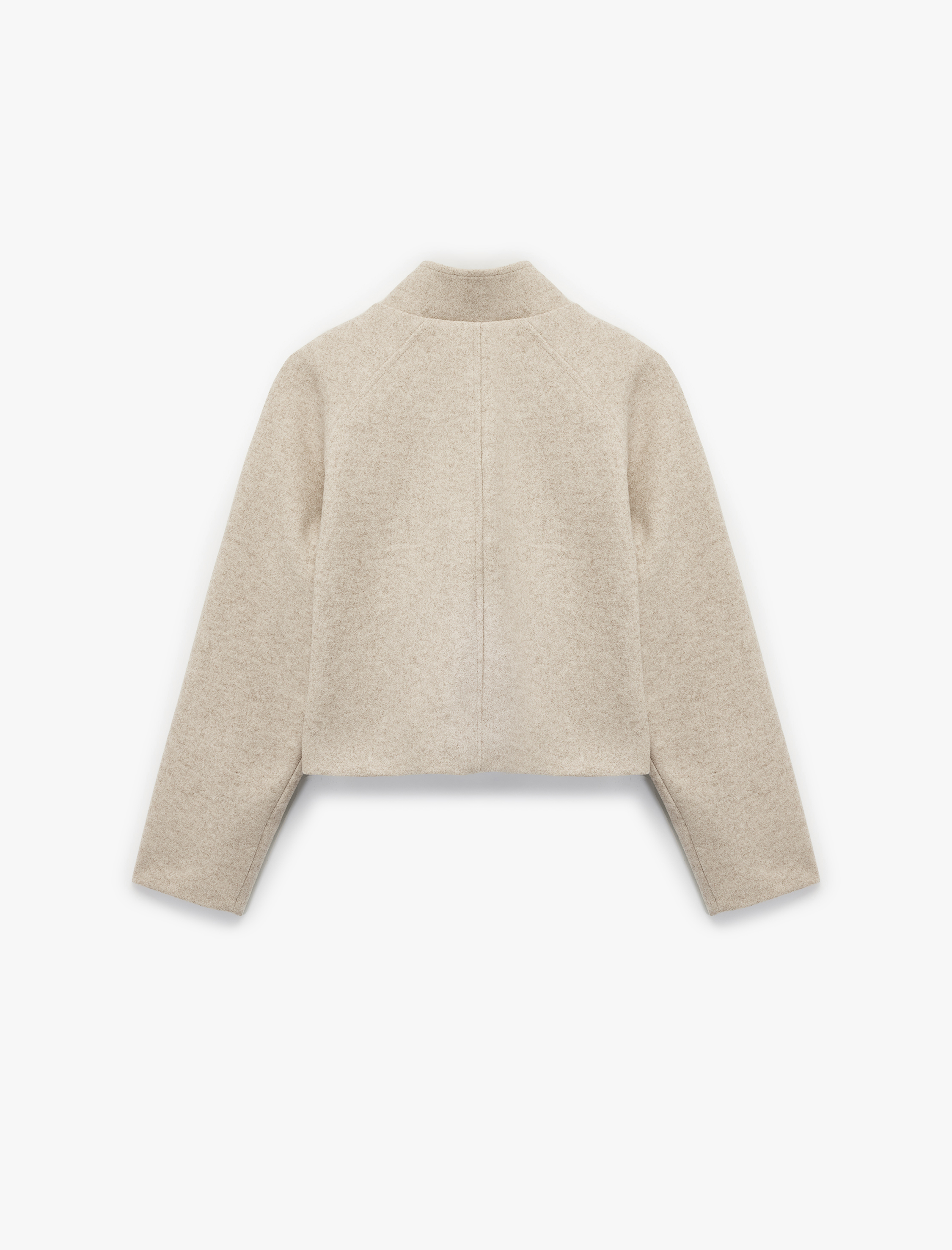   Uzun Kollu Cepli Dik Yaka Düğmeli Kruvaze Kısa Kaşe Mont