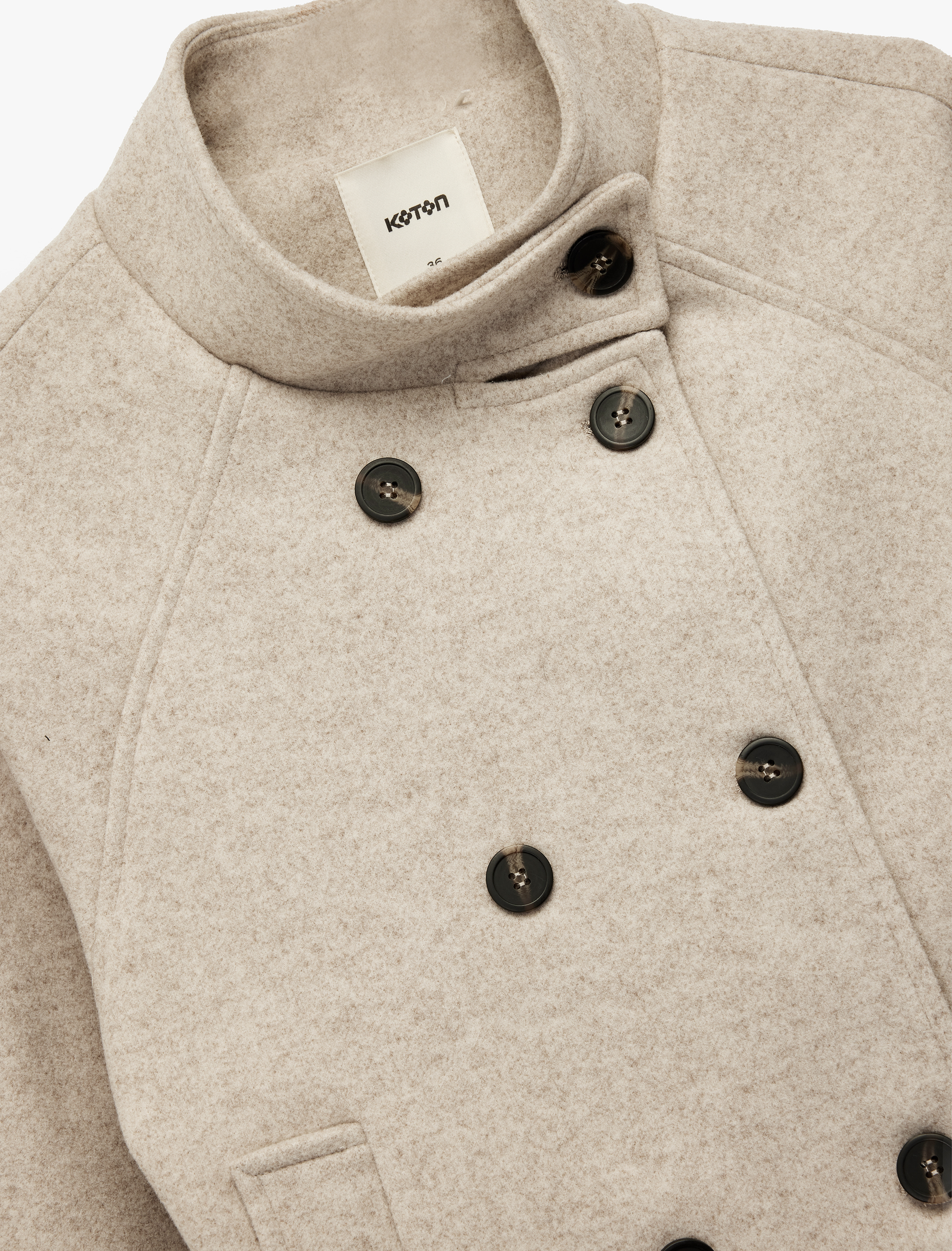   Uzun Kollu Cepli Dik Yaka Düğmeli Kruvaze Kısa Kaşe Mont