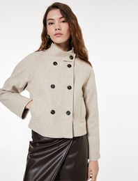 Uzun Kollu Cepli Dik Yaka Düğmeli Kruvaze Kısa Kaşe Mont