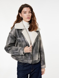 Cepli Fermuarlı Eskitilmiş Süet Görünümlü İçi Suni Kürklü Crop Biker Mont