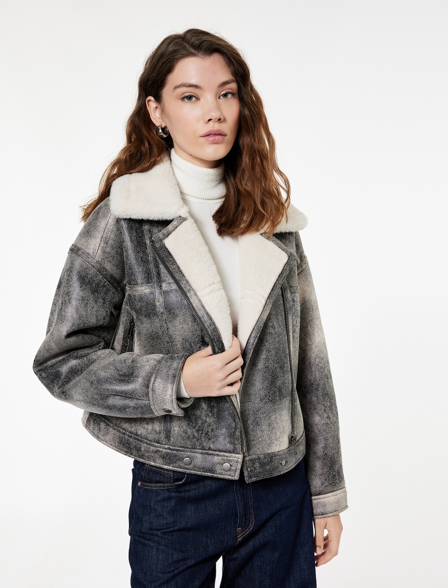 Koton Kadın Cepli Fermuarlı Eskitilmiş Süet Görünümlü İçi Suni Kürklü Crop Biker Mont