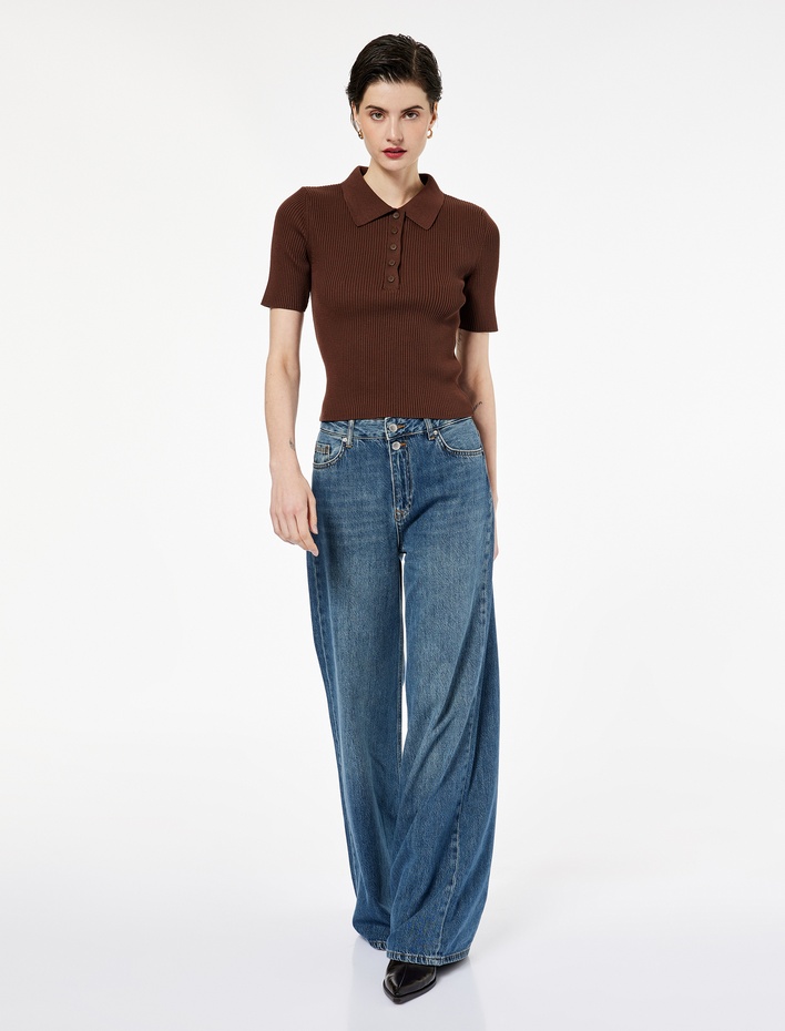  Regular Fit Yarım Düğmeli Kısa Kollu Polo Yaka Triko Kazak