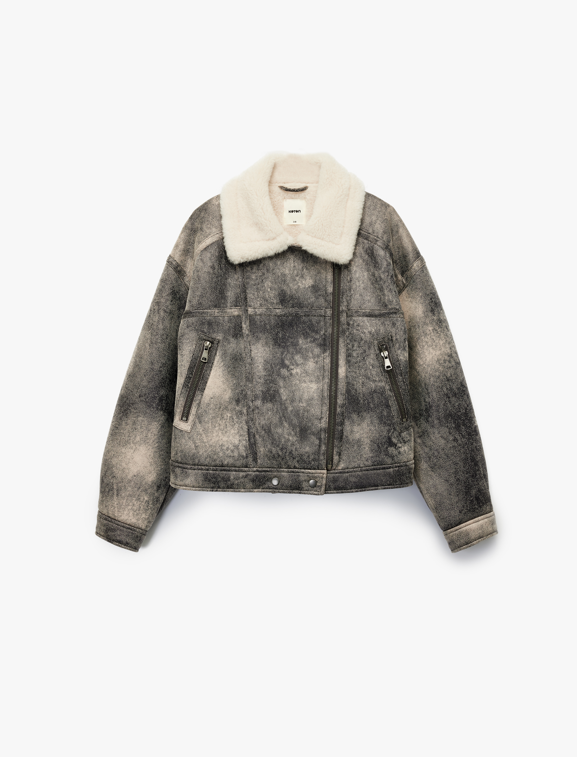   Cepli Fermuarlı Eskitilmiş Süet Görünümlü İçi Suni Kürklü Crop Biker Mont