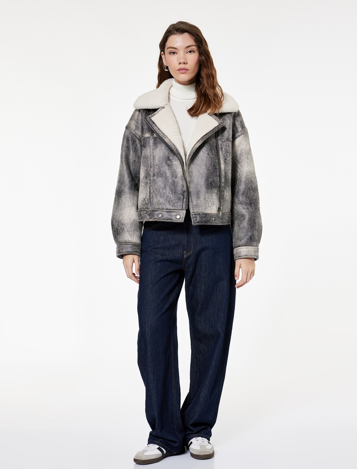  Cepli Fermuarlı Eskitilmiş Süet Görünümlü İçi Suni Kürklü Crop Biker Mont