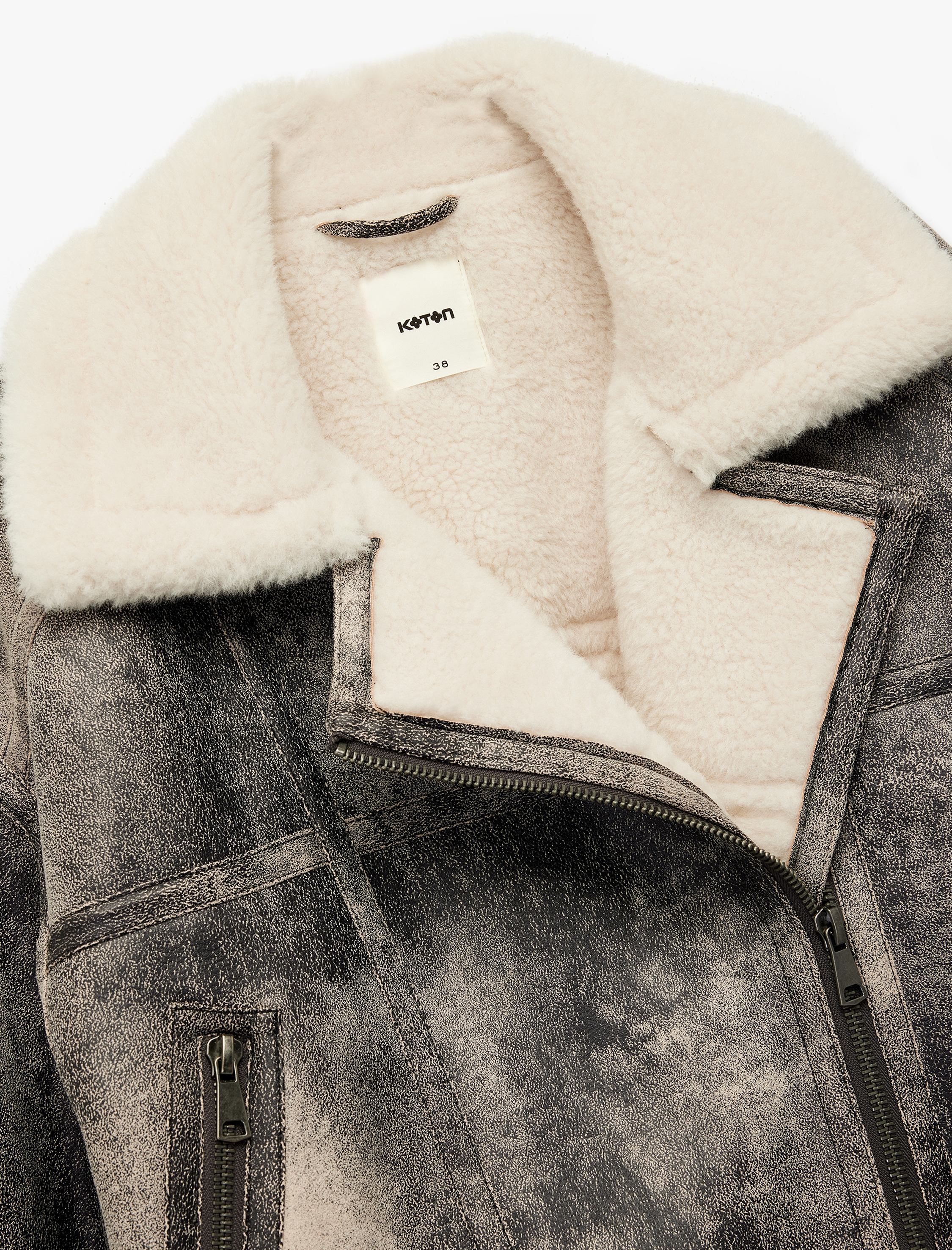   Cepli Fermuarlı Eskitilmiş Süet Görünümlü İçi Suni Kürklü Crop Biker Mont