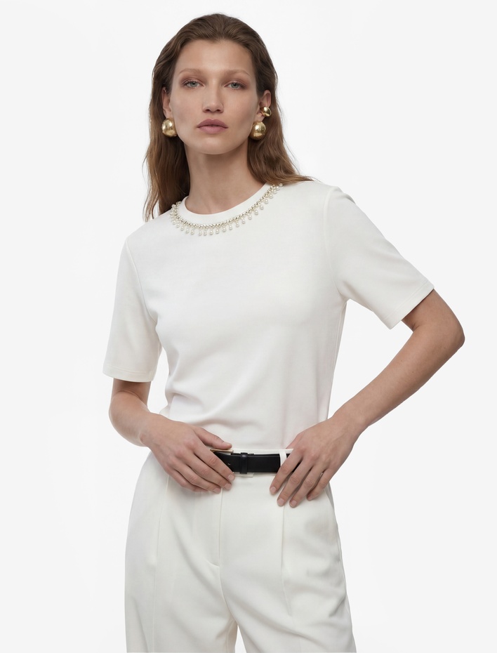  Regular Fit Kısa Kollu İnci Detaylı Bisiklet Yaka Viskon Tişört