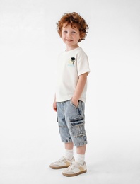 Palmiyeli Nakışlı Kısa Kollu Bisiklet Yaka Pamuklu Oversize Tişört