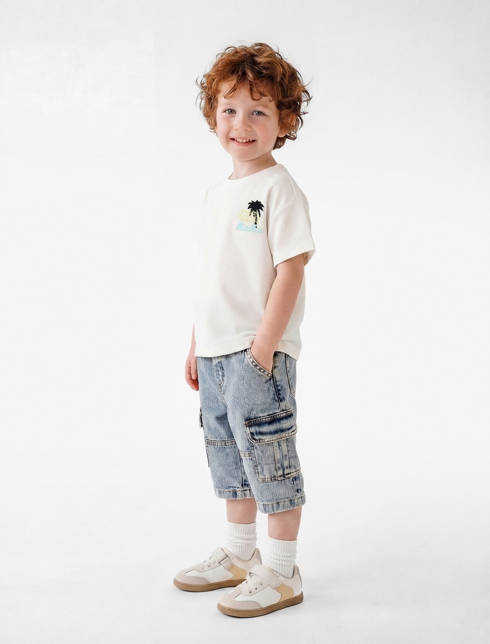 Erkek Bebek Palmiyeli Nakışlı Kısa Kollu Bisiklet Yaka Pamuklu Oversize Tişört