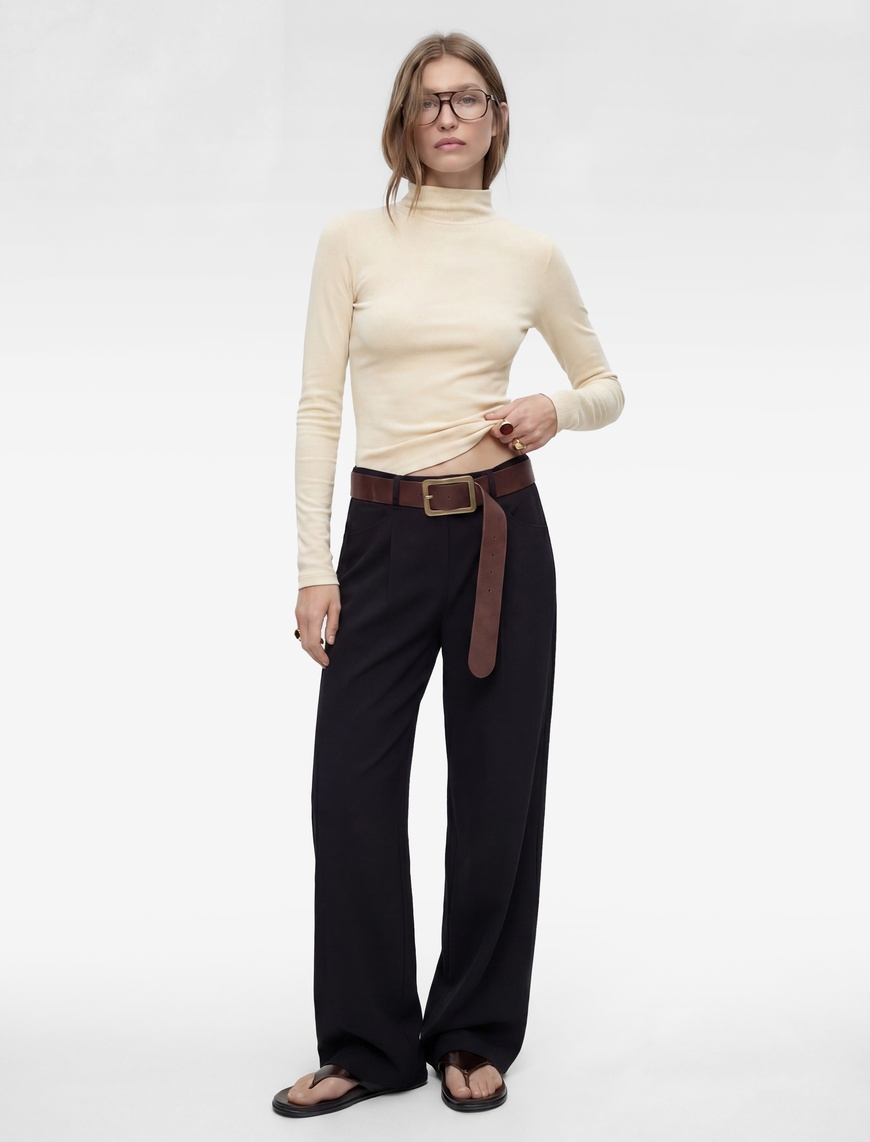 トップス YUNO Sarı Kadın Yün Karışımlı Slim Fit Uzun Kollu Dik Yaka Tişört