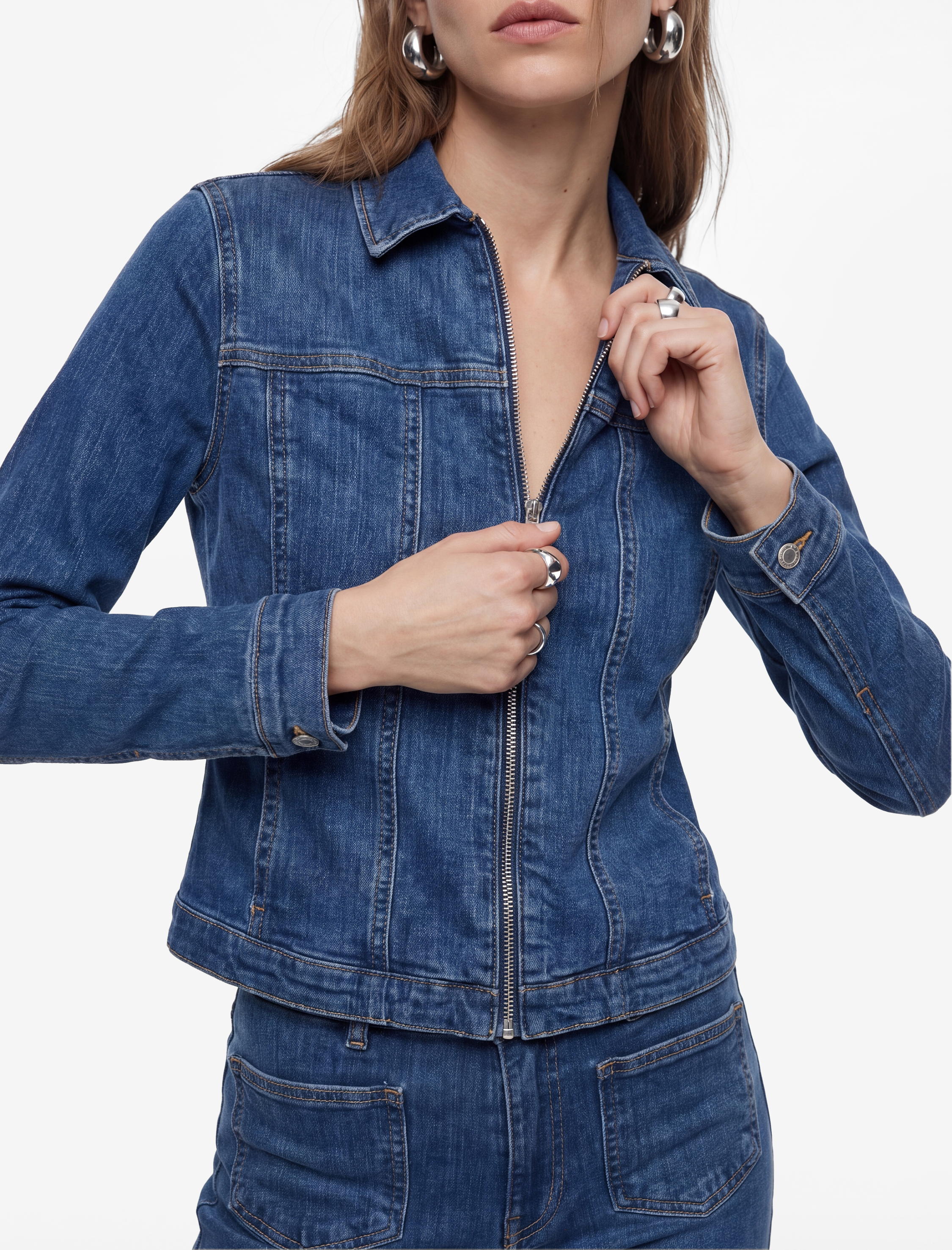 Slim Fit Uzun Kollu Klasik Yaka Fermuarlı Denim Ceket - Görsel 3