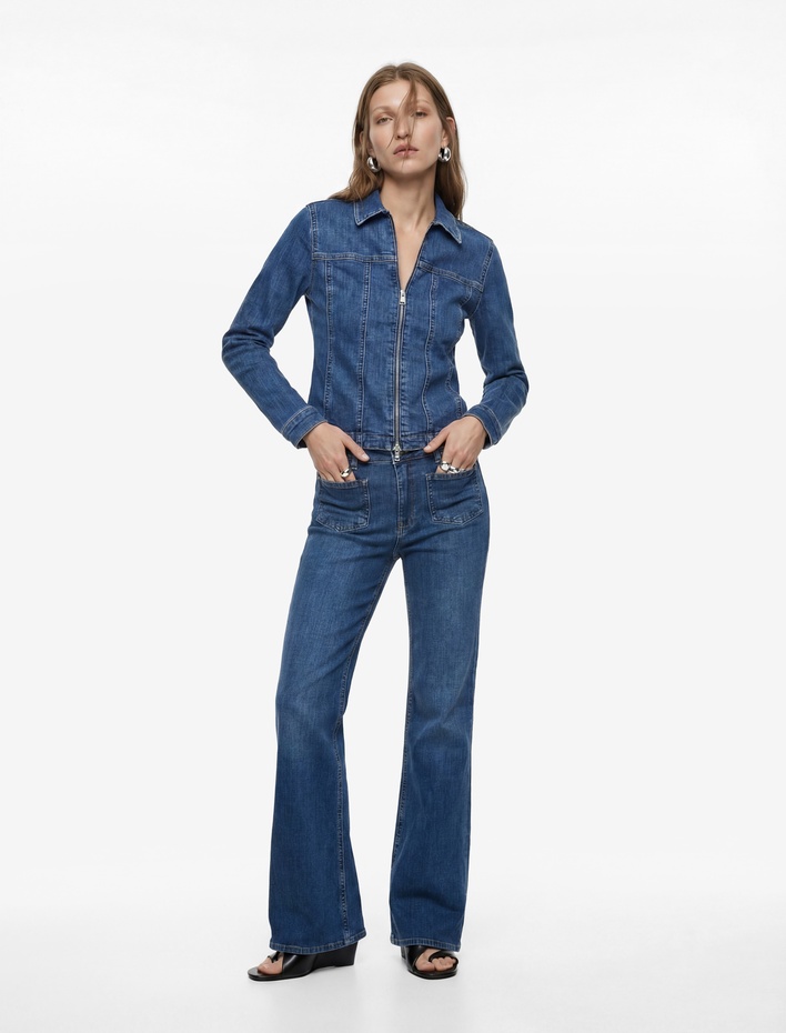  Slim Fit Uzun Kollu Klasik Yaka Fermuarlı Denim Ceket