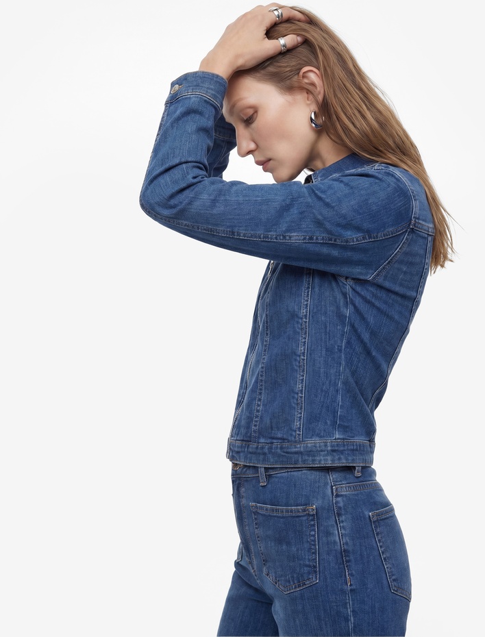  Slim Fit Uzun Kollu Klasik Yaka Fermuarlı Denim Ceket