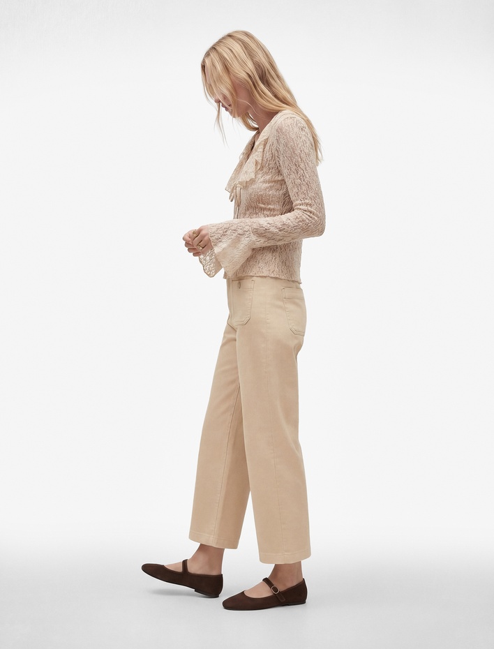  Yüksek Bel Pamuklu Cep Detaylı Geniş Kısa Paça Pantolon - Culotte Jeans