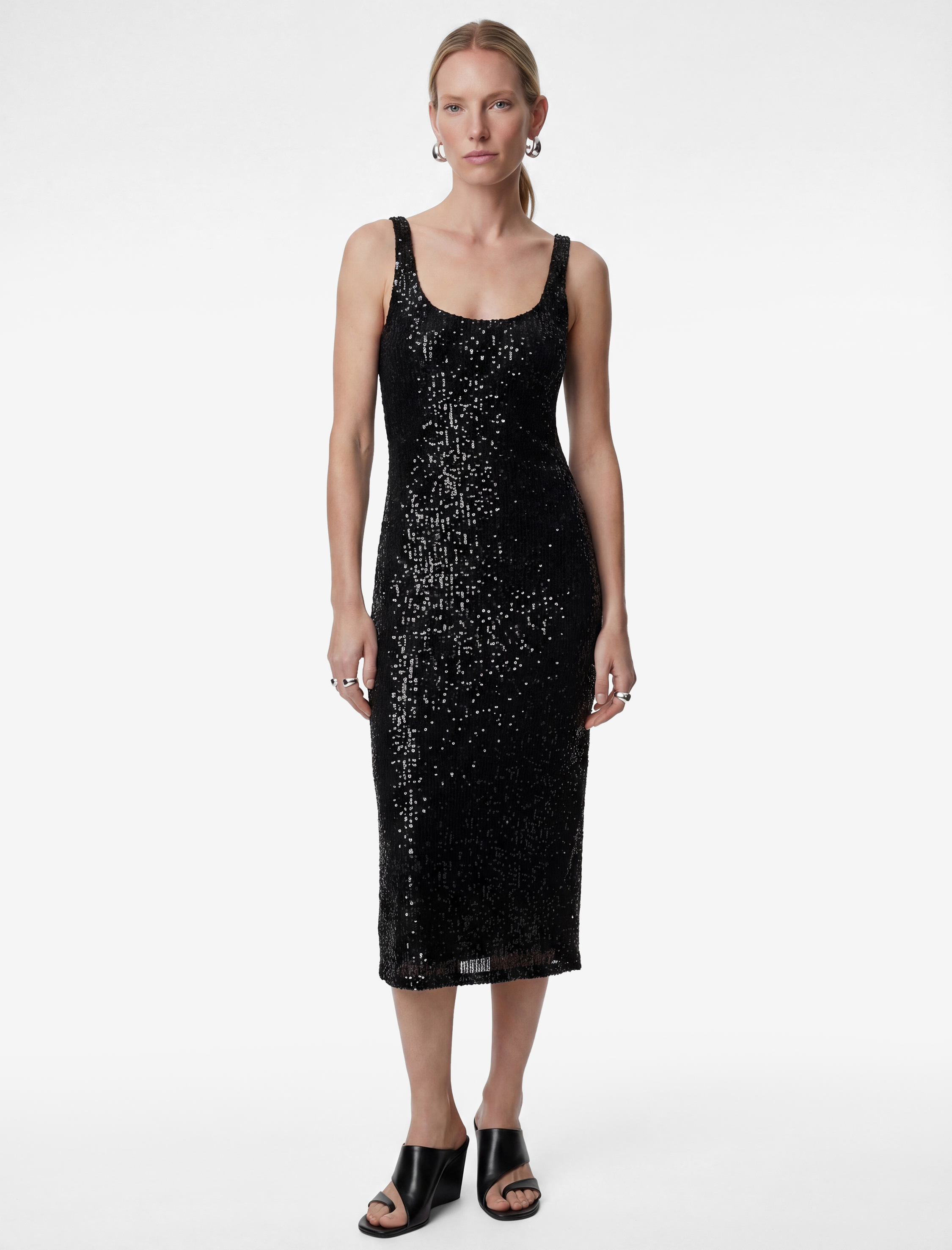   Pullu Payetli Kolsuz U Yaka Midi Slim Fit Abiye Elbise