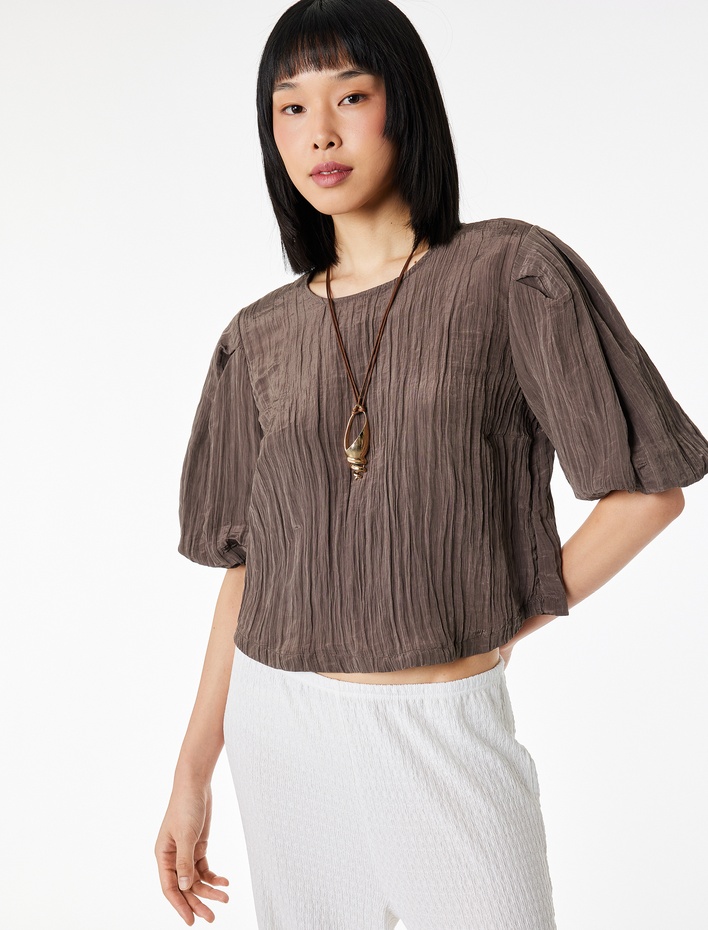  Bisiklet Yaka Kısa Balon Kollu Saten Bluz