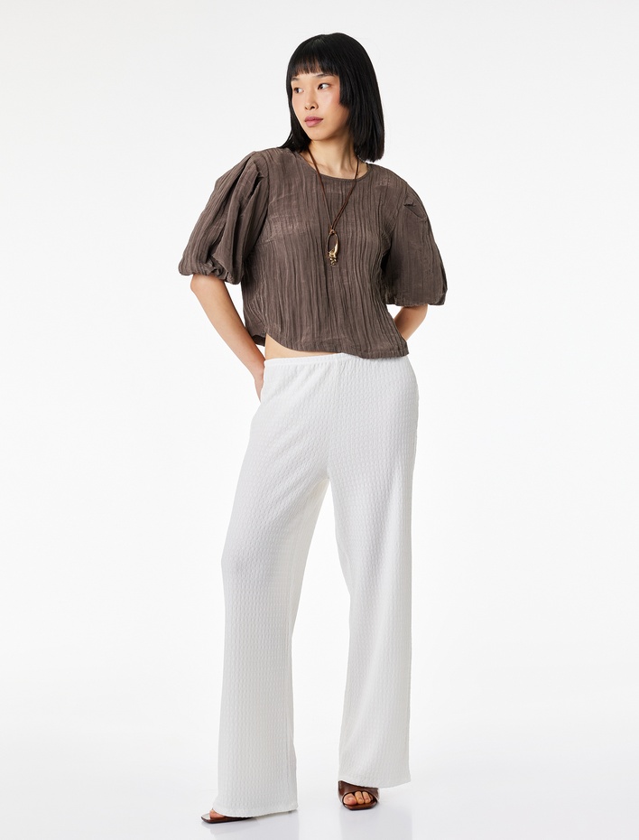  Bisiklet Yaka Kısa Balon Kollu Saten Bluz