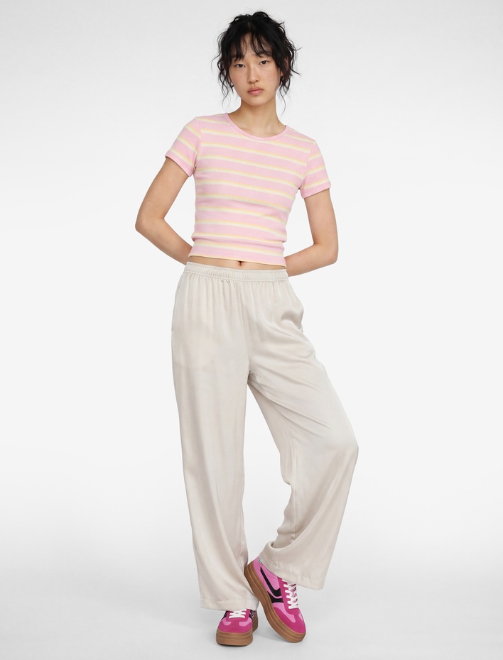  Çizgili Pamuklu Bisiklet Yaka Kısa Kollu Slim Fit Tişört