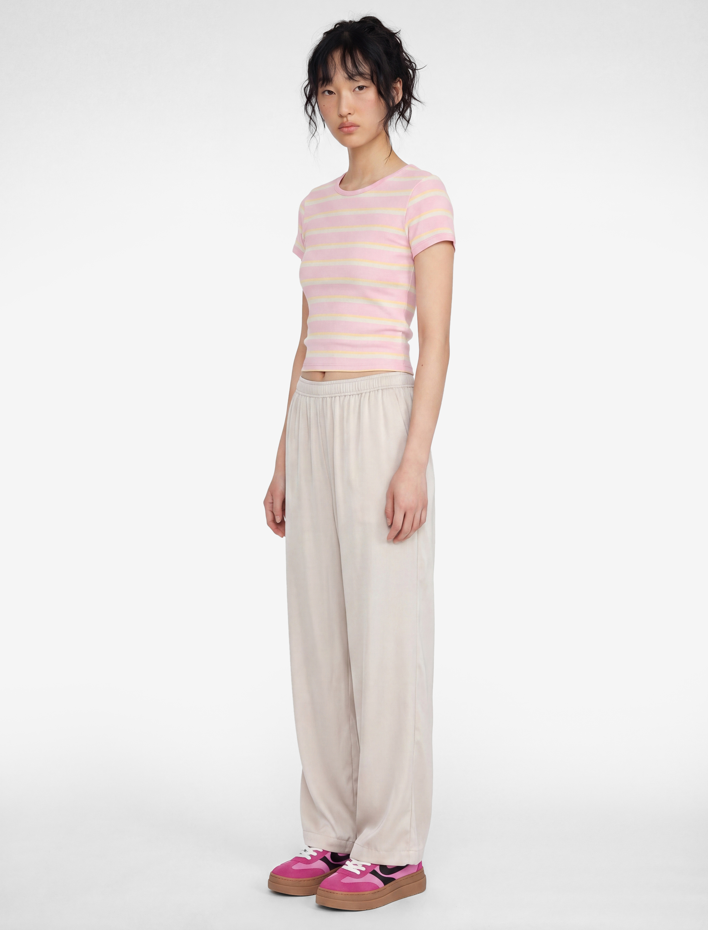 Çizgili Pamuklu Bisiklet Yaka Kısa Kollu Slim Fit Tişört - Görsel 3