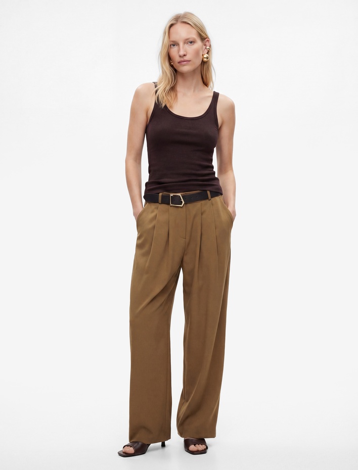  Viskon Karışımlı Kemer Detaylı Cepli Yüksek Bel Palazzo Pantolon