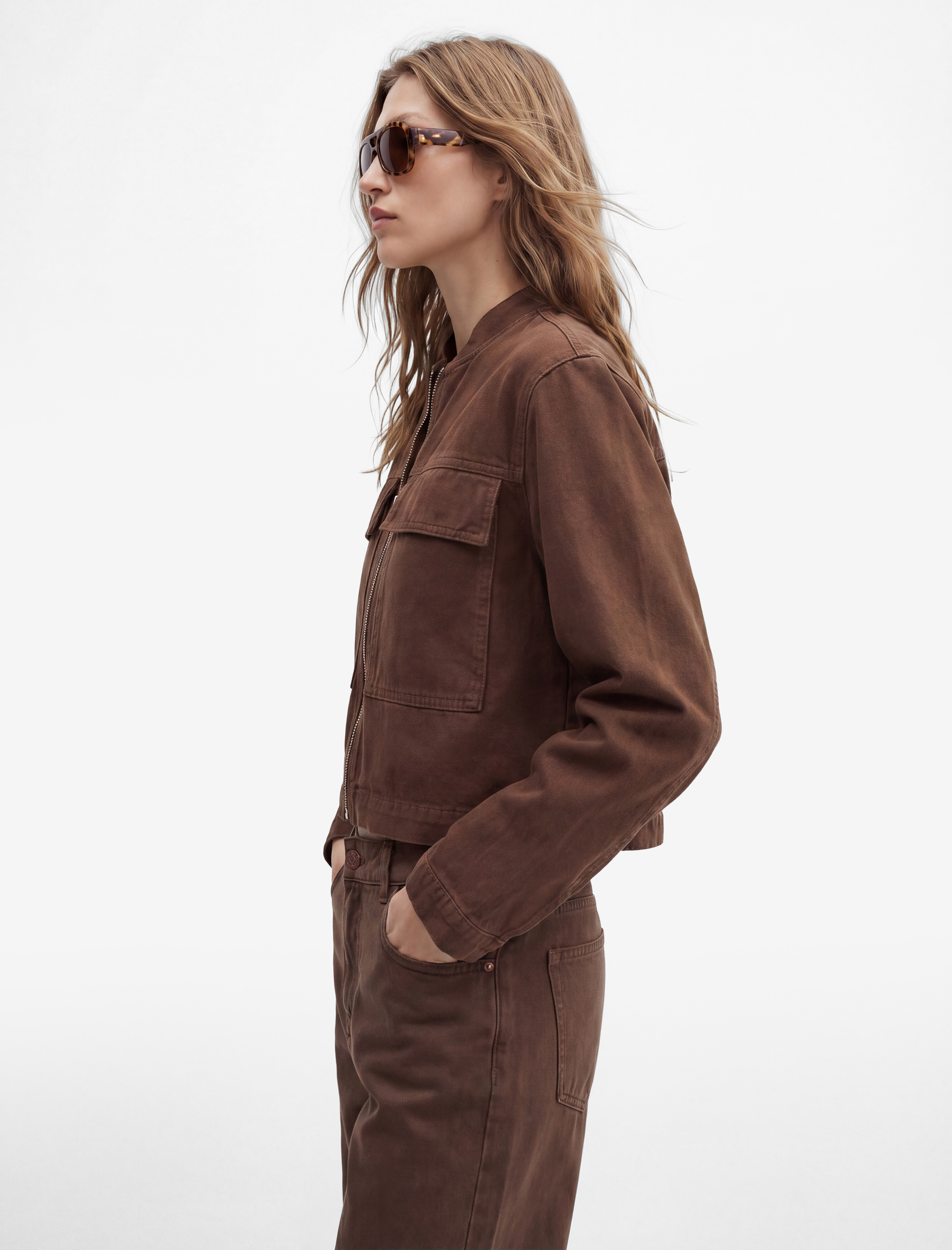 Rahat Kalıp Fermuarlı Uzun Kollu Cep Detaylı Dik Yaka Denim Ceket