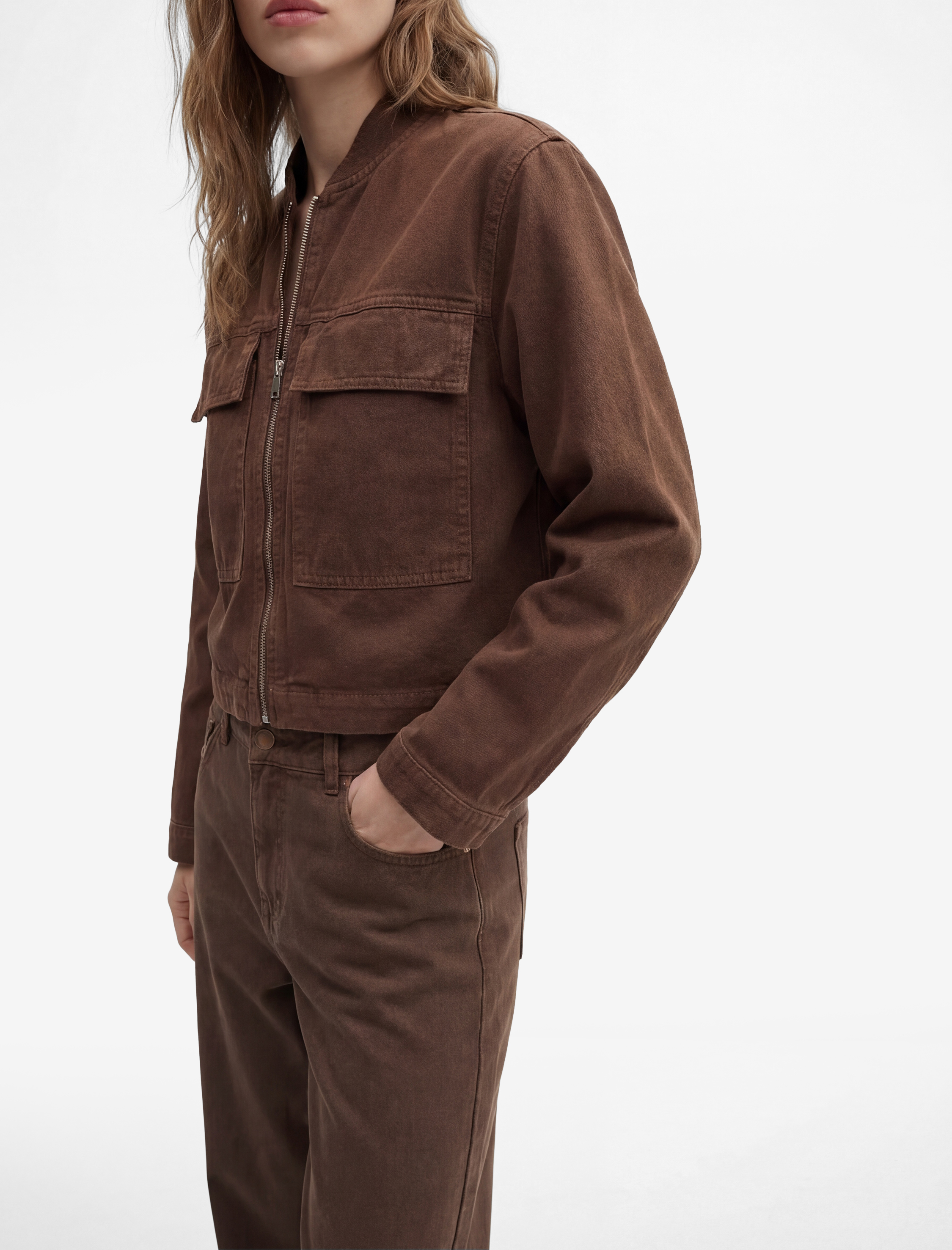 Rahat Kalıp Fermuarlı Uzun Kollu Cep Detaylı Dik Yaka Denim Ceket - Görsel 4