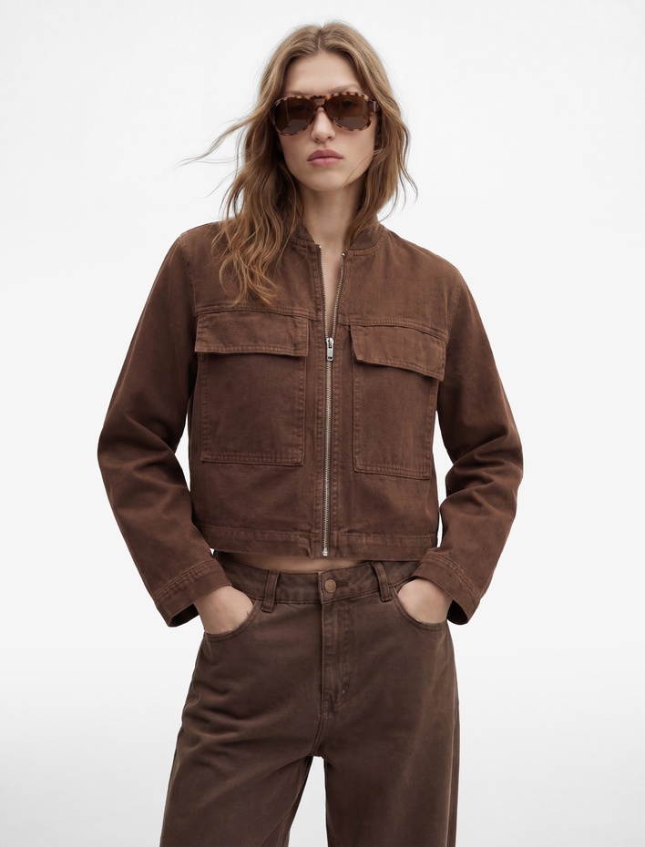  Rahat Kalıp Fermuarlı Uzun Kollu Cep Detaylı Dik Yaka Denim Ceket