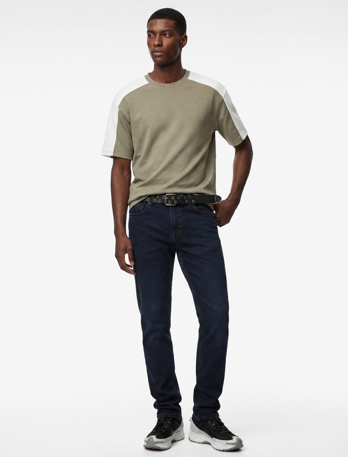  Rahat Kalıp Bisiklet Yaka Pamuklu Renk Kontrastlı Kısa Kollu Tişört